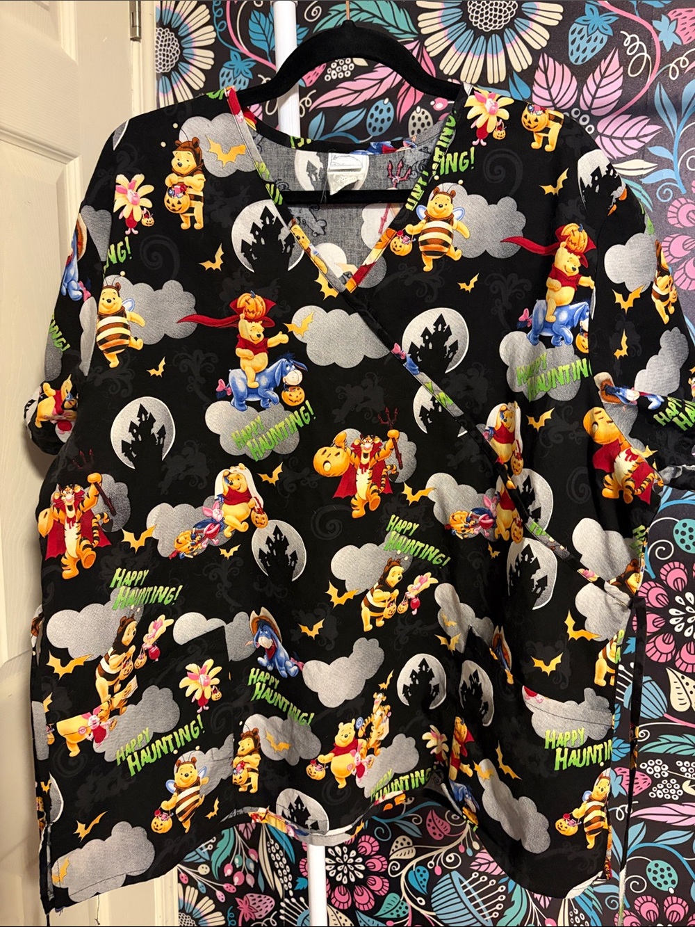 Disney Black Winnie the Pooh Halloween Scrub Top with Yellow & Orange Accents